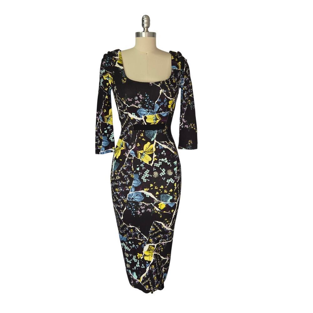 Erdem Tess Dress Size US 2 Floral Print Ponte Knit Black ASO Royals Sheath